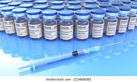 Covid-19 Sars-cov-2 Mass Production Of Coronavirus Vaccine,a Machine Pours The Vaccine. 3D Rendering
