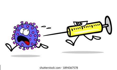 Covid-19 vaccination drives out coronavirus with vaccine as a funny cartoon concept