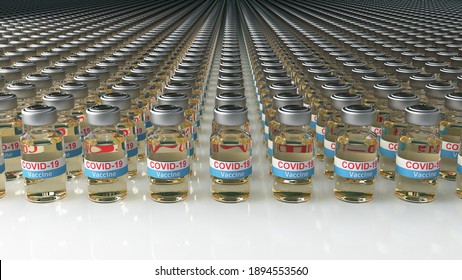 A Lot Of Covid-19 Vaccine Bottles Line Up In The Row. Close-up Detail In Bottles 3d Render