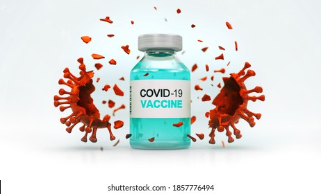 Covid-19 vaccine in glass bottle and destruction of the red coronavirus danger. Digital 3D illustration for health care theme and pandemic situation.
