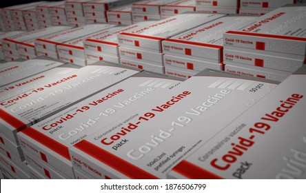 Covid-19 Vaccine Pack Production Line. Coronavirus Sars-cov-2 Vaccination Manufacture, Delivery And Supply. Covid Medicine Doses Box. Abstract Concept 3d Rendering Illustration.