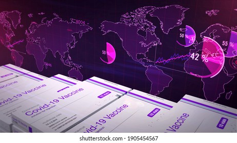 Covid-19 Vaccine Production Statistics. Covid Sars-cov-2 Vaccination Stats, Chart And Graph. Coronavirus Global Pandemic Progress Concept Background. Abstract 3d Rendering Illustration.