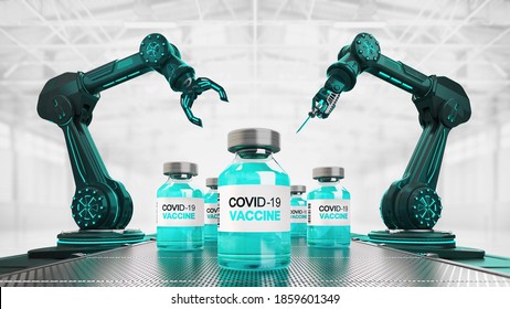 Covid-19 Vaccine Serum On Conveyor Belt. Automatic Antiviral Medicine Mass Production Process. Health Care 3d Illustration.