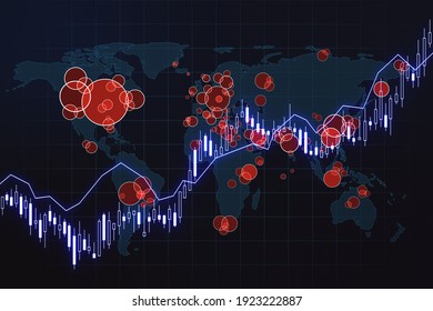 COVID-19 virus influence on stock market chart with growing financial diagram at pandemic world map background. 3D rendering