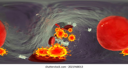 COVID-19 Virus Particles And Activated Platelets In Blood Stream Participating In Clot Formation, Conceptual 3D Illustration. Covid-19 Disease And Vaccine Complications. 360 Degree VR Panorama View