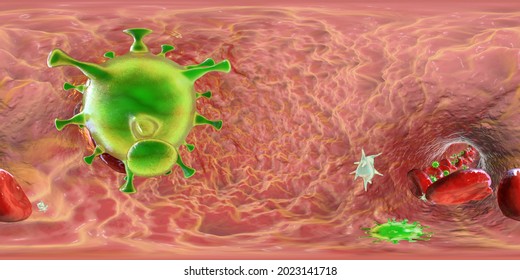 COVID-19 Virus Particles And Activated Platelets In Blood Stream Participating In Clot Formation, Conceptual 3D Illustration. Covid-19 Disease And Vaccine Complications. 360 Degree VR Panorama View