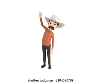 Cow Boy Character Raising Right Hand In 3d Rendering.