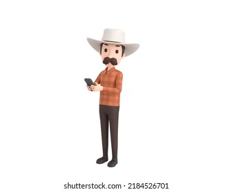 Cow Boy character using smartphone and looking to camera in 3d rendering.