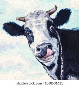 Cow Face. Farm Animals. Blue Sky On Background. Watercolor Painting