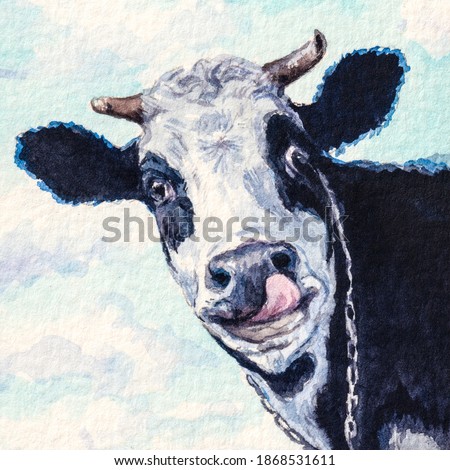 Cow face. Farm animals. Blue sky on background. Watercolor painting