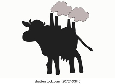 Cow With Factory On The Back Illustrating Cow Far And Emits Methane Ch4. The Concept Of Methane Emissions, Pollution, Ecology, Climate Change, Vegan, Global Warming.