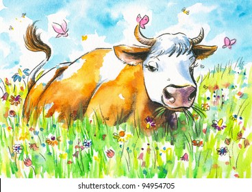 Cow On A Field Watercolor Painted.