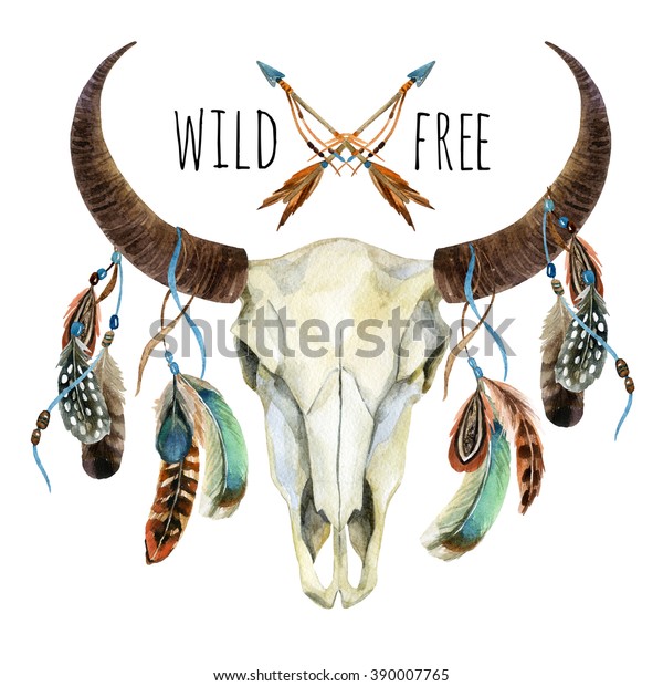 牛の頭蓋骨 羽を持つ動物の頭蓋骨 白い背景にバッファローの頭蓋骨と羽 自由奔放なデザイン 水彩手描きのイラスト のイラスト素材