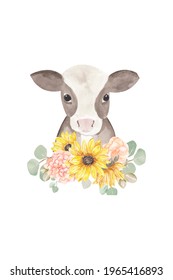 Cow With Sunflower Clipart, Cow Sublimation, Sunflower Wreath, Farm Animal Sublimation Png, Watercolor Cow Clipart