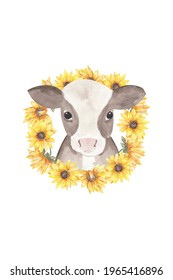 Cow With Sunflower Clipart, Cow Sublimation, Sunflower Wreath, Farm Animal Sublimation Png, Watercolor Cow Clipart