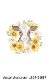 Cow With Sunflower Clipart, Cow Sublimation, Sunflower Wreath, Farm Animal Sublimation Png, Watercolor Cow Clipart