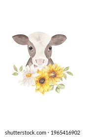 Cow With Sunflower Clipart, Cow Sublimation, Sunflower Wreath, Farm Animal Sublimation Png, Watercolor Cow Clipart