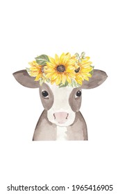 Cow With Sunflower Clipart, Cow Sublimation, Sunflower Wreath, Farm Animal Sublimation Png, Watercolor Cow Clipart