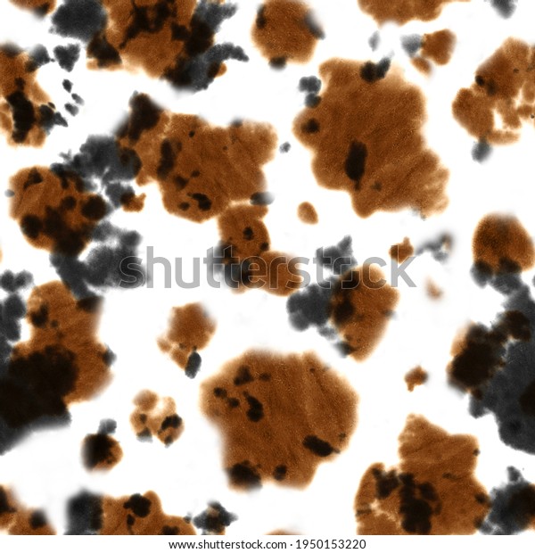 牛のネクタイ染めのシームレスな模様 水彩手描きの黒と茶色の装飾的スポットエレメントの背景 水彩の抽象的スポットテクスチャー 織物 布地 壁紙 包装紙用の印刷 のイラスト素材