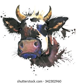 Cow Watercolor Illustration. Farm Animals. Domestic Prts. Nature.