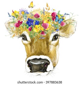 Cow watercolor illustration.farms animal. Cute domestic pet 