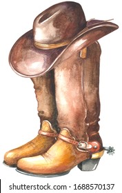 Cowboy boot with western hat. Watercolor painting isolated on white background.