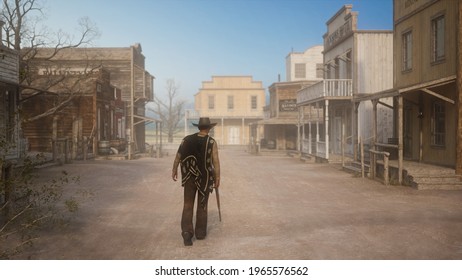 A cowboy or gunman walking away from the viewer along an empty dusty street in an old wild west town carrying a rifle in his right hand. 3D illustration.
