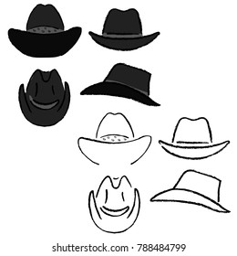 Cowboy hat outlined oil pastel template sketch (front, back, side views),  illustration isolated on white background
