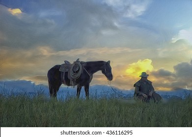 Cowboy And His Horse At Dawn,silhouette. Digital Oil Painting