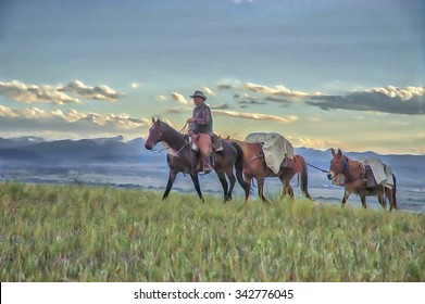 Cowboy Leads Horseback Supplies For Camp,digital Oil Painting