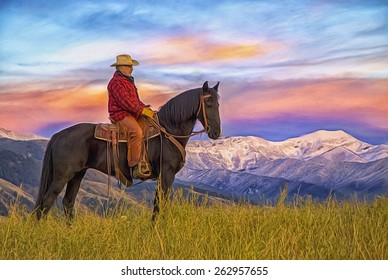 Cowboy On Horseback With Mountain Background, Digital Oil Painting