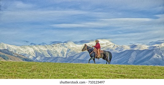 Cowboy On Horseback,Montana Mountains,digital Oil Painting