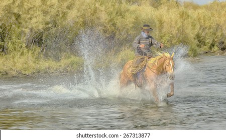 Cowboy On Palomino Horse Galloping Across River, Digital Oil Painting