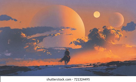 cowboy riding a horse against sunset sky with planets background, digital art style, illustration painting