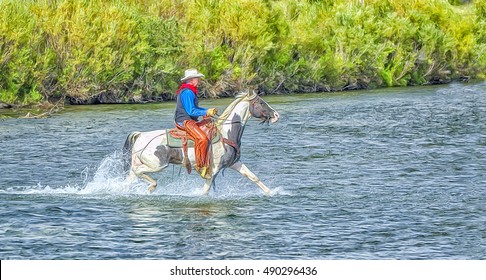 Cowboy Riding Paint Horse In Montana River,digital Oil Painting