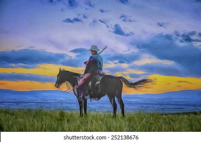 Cowboy Silhouette, Digital Oil Painting