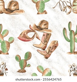 Cowboy style seamless pattern with cactuses, cowboy boots and hat, lasso, horse shoe. Watercolor illustration, white background with sand texture. Perfect for fabric and paper prints