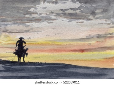 Cowboy And Sunset Watercolor Painting