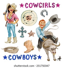 Cowboys - watercolor collection. Isolated on white