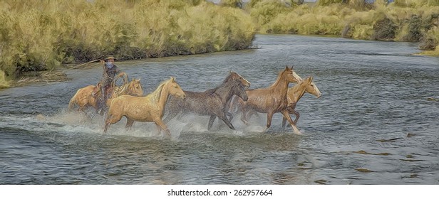 Cowboy,with Lasso,rounding Up Horses In River. Digital Oil Painting