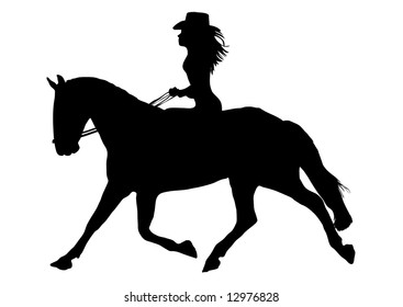  cowgirl riding horse on white background