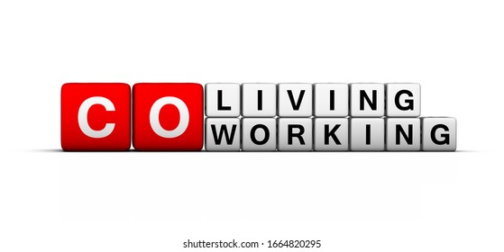 Co-working and co-living space 3D sign on white background