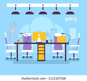 coworking office workplace for people illustration. Creative studio business environment elements background. Flat design with typography  - Powered by Shutterstock