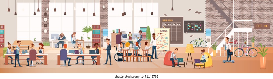 Coworking Workspace. Office Fun. People Work In Office. Happy Workers In Workplace. Men And Women Work. Corporate Culture In Company. Cheerful Working Day. Flat Illustration.