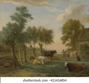 Cows In A Meadow Near A Farm, By Paulus Potter, 1653, Dutch Painting, Oil On Canvas. The Long Shadows Indicate A Low Sun, As The Cows And Sheep Take Their Afternoon Rest. There Is A Man With A Rifle