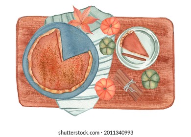 Cozy Autumn Watercolor Illustration With Pumpkin Pie On Stripped Towel, Little Pumpkins And Cinnamon. Perfect For Cards, Cookbook Design And Recipe Books