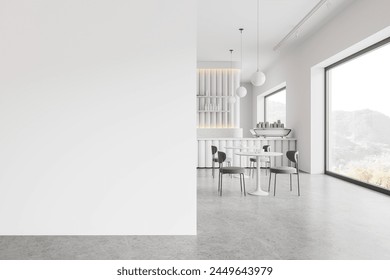 Cozy bar interior with bar island and eating tables in row, grey concrete floor. Modern eating room with furniture and panoramic window on countryside. Mockup wall partition. 3D rendering - Powered by Shutterstock