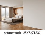 Cozy bedroom with bed, wooden decor, parquet floor, large window view, blank white wall foreground. Modern interior design, mockup concept. 3D Rendering.