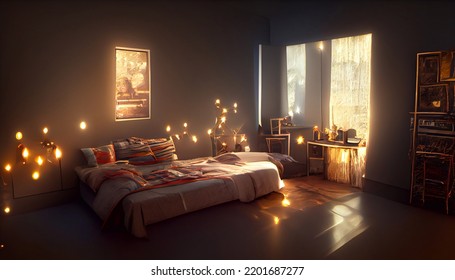  Cozy Bedroom Environment Interior, String Lights