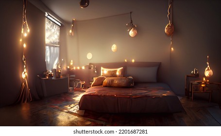 Cozy Bedroom Environment Interior, String Lights